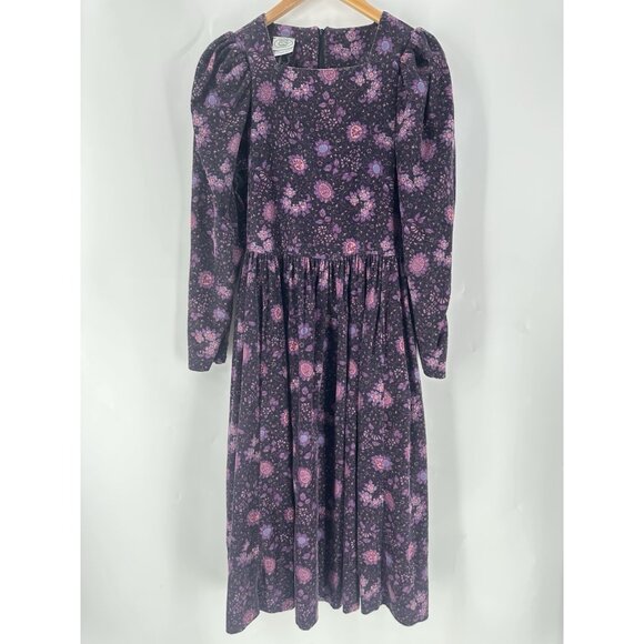 Laura Ashley Purple Floral Corduroy Midi Dress Women’s 10 Vintage EUC - Picture 1 of 9